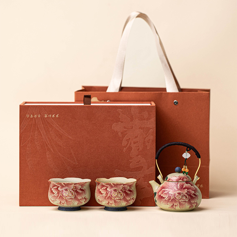 Korean Tea Set - Kiln Blue White Flint Red Peony
